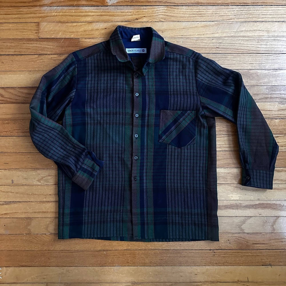Simon Pearce Navy and Green Plaid Button-Down Shirt